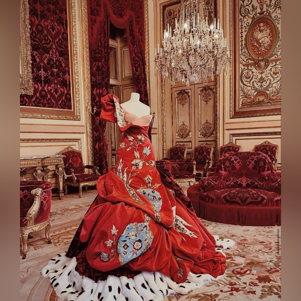 Elegant Red Gown with Floral Embroidery
